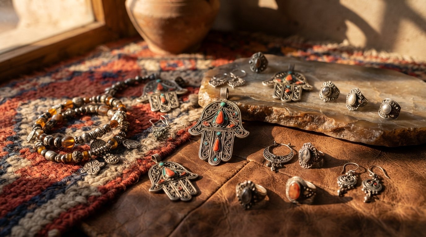 Maisa nyaklánc – Amazig inspirációjú fibula medál és tónusos gyöngyök